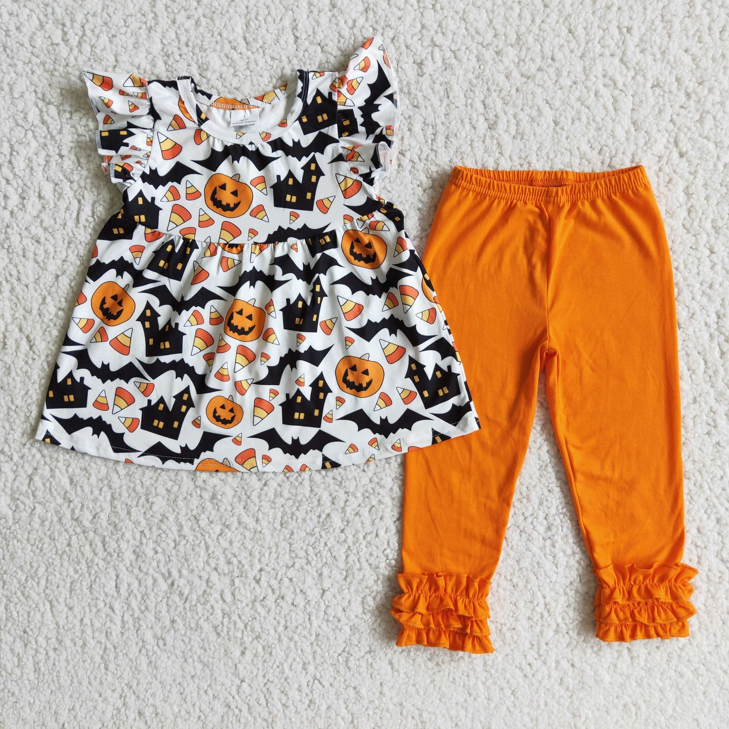 Promotion Baby Girl Short Sleeves Halloween Pumpkin Orange Ruffle Pants Outfit RTS