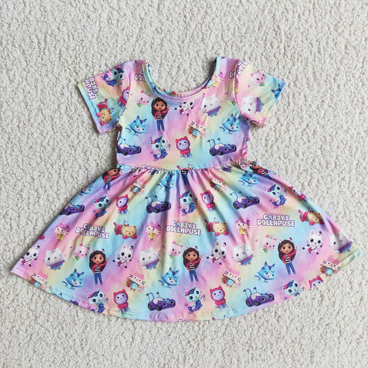 Promotion E3-6 Summer Cats Baby Girl Short Sleeves Twirl Dress