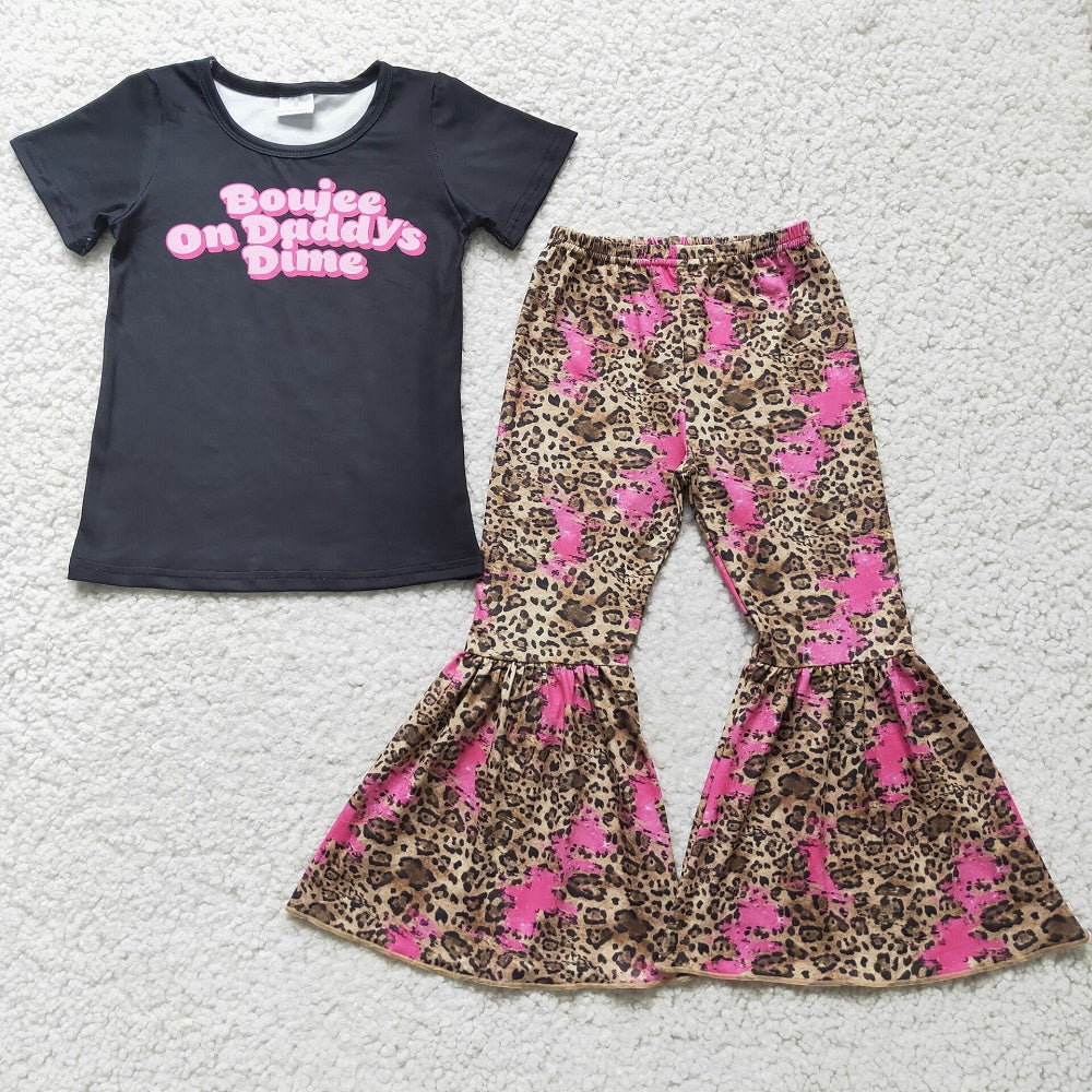 Promotion E4-16 Baby Girl Daddy's Shirt Leopard Bell Pants Set