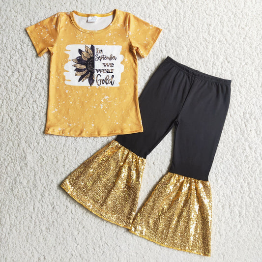 Promotion Baby Girl Short Sleeves Sunflower Sequins Bell Pants Outfit