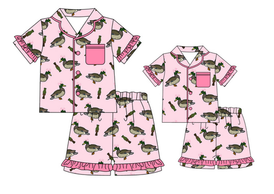 Baby Girl Toddler Adult Women Short Sleeves Ducks Pink Shorts Sibling Family Shorts Pajamas Set ( Moq 5 Each Style )11.26