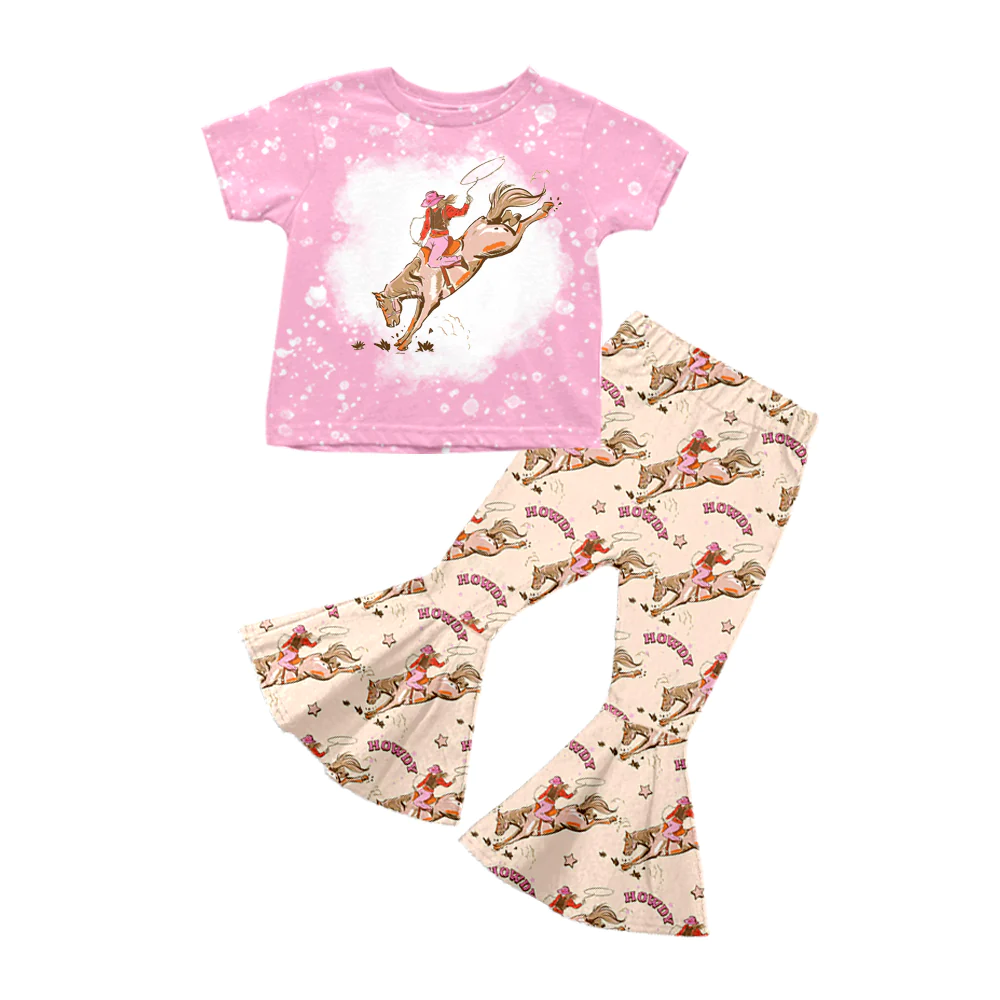 Moq 3 Pre-order GSPO1487 Baby Girl Short Sleeves Pink Shirt Western Rodeo Bell Pants Pajamas Set