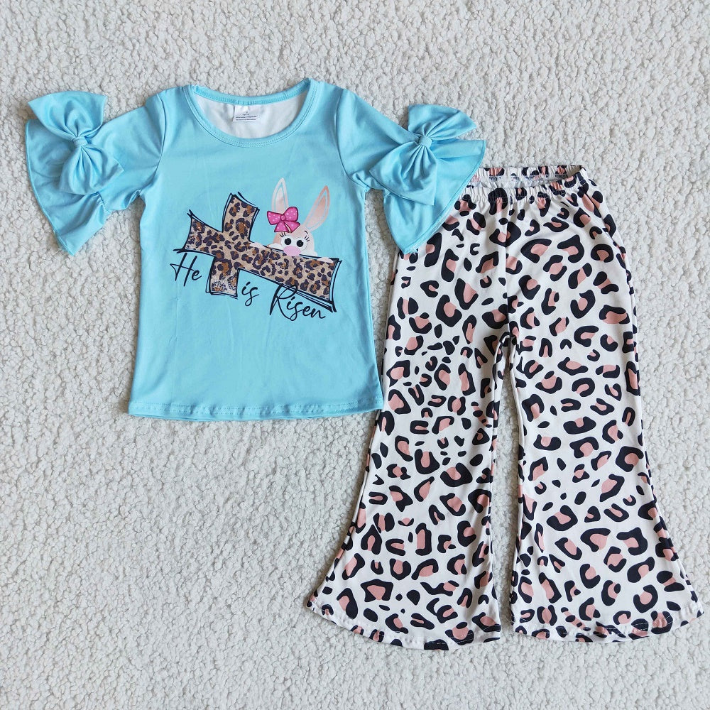 Promotion E5-1 Easter Baby Girl He Is Risen Cross Leopard Pants Outfit