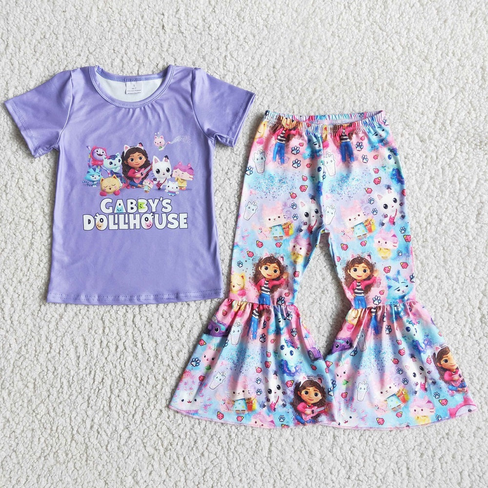 Promotion E5-13 Baby Girl Purple Cat Bell Pants Set