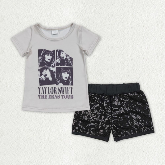 Baby Girl Singer Grey Shirt Black Sequins Shorts Set