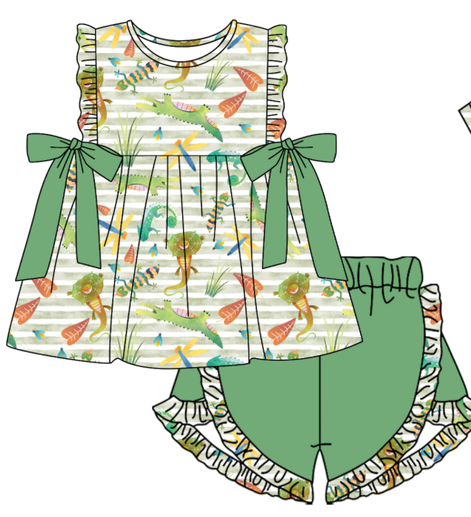 Baby Boy Girl Animals Sibling Matching Green Dress Romper Clothes Set ( Moq 5 Each style )