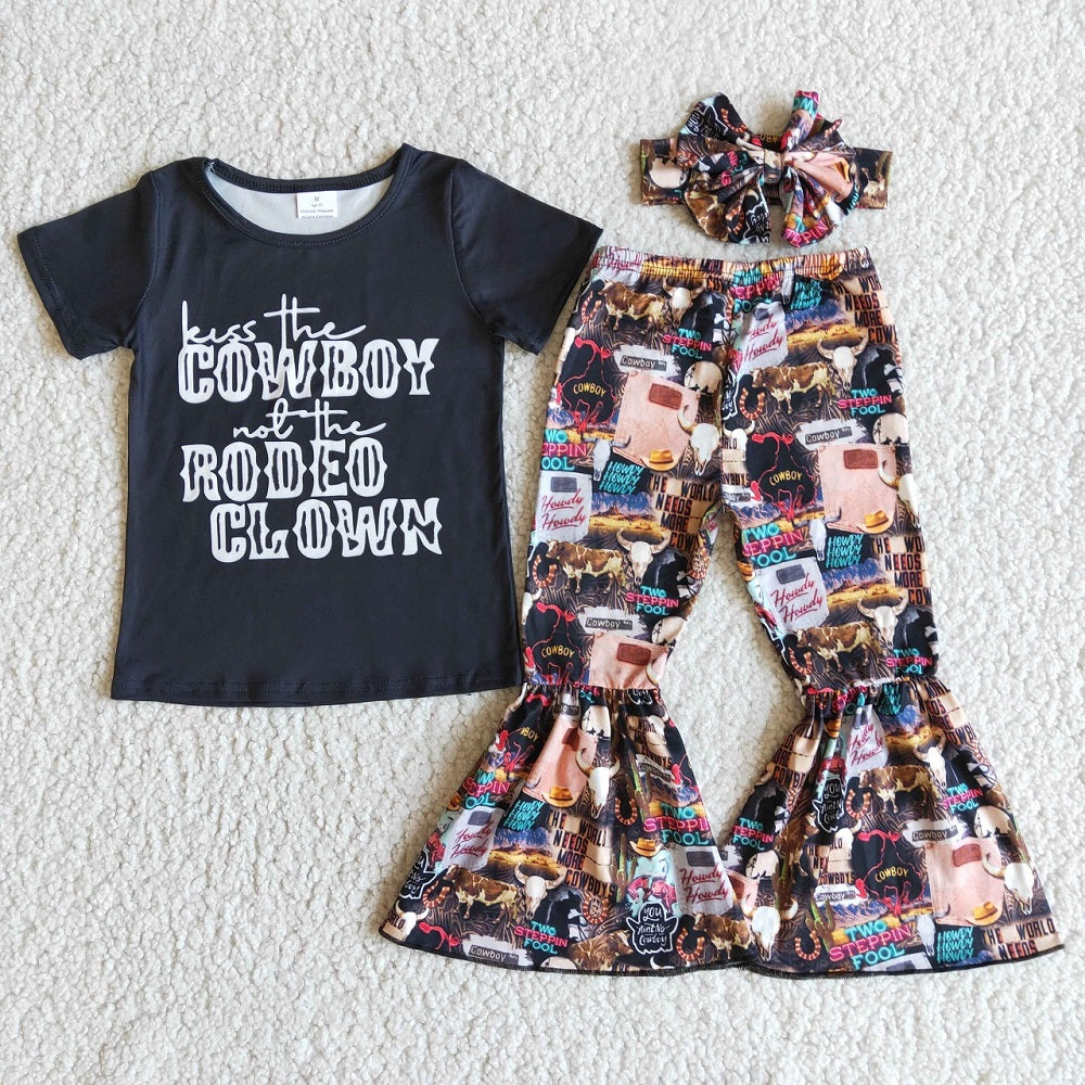 Promotion E6-16 Baby Girl Short Sleeves Cowboy Rodeo Shirt Bell Pants Western Set