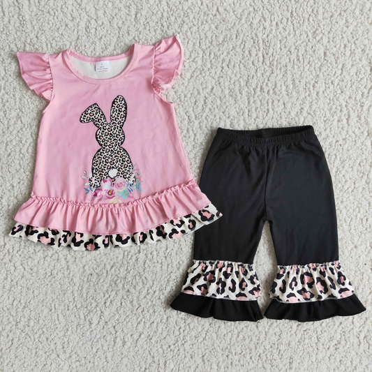 Promotion E6-17 Leopard Bunny Leopard Ruffle Capris Baby Girl Easter Outfit