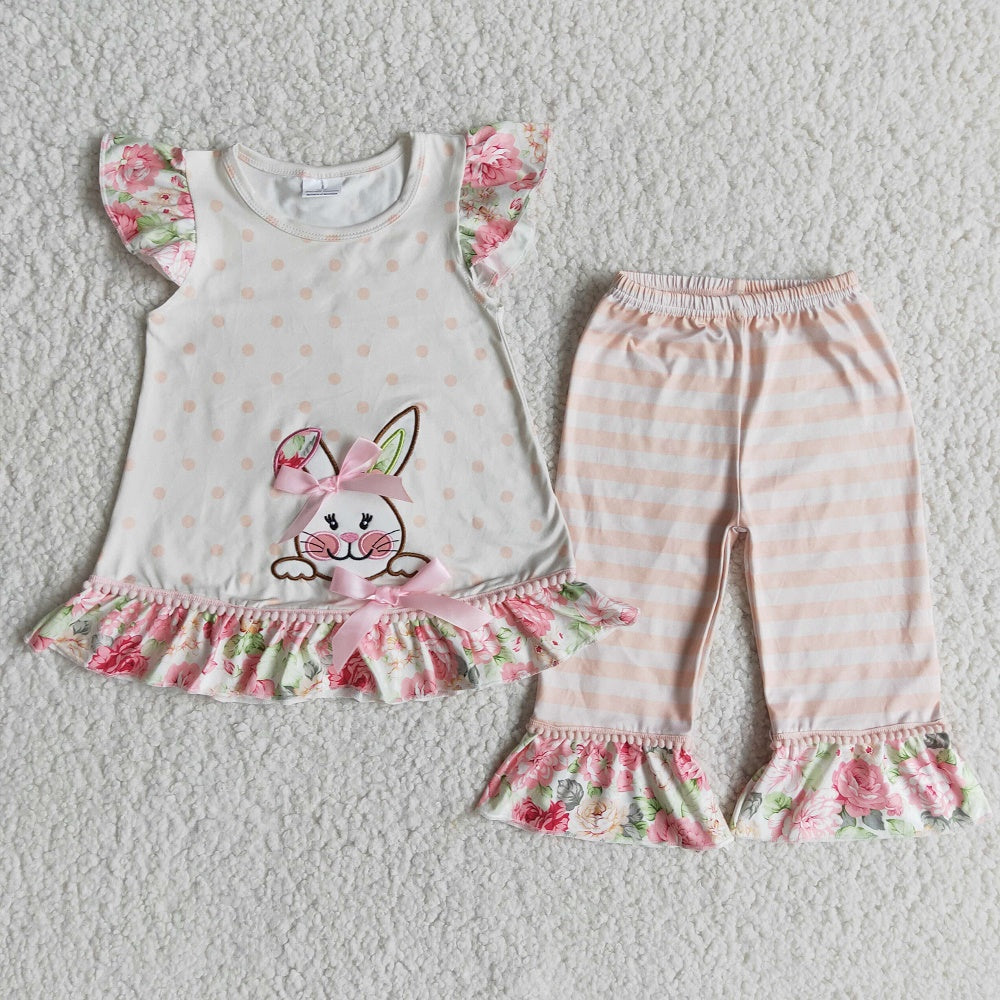 Promotion E6-18 Easter Baby Girl Embroidery Rabbit Tops Stripes Capri Pants Outfit