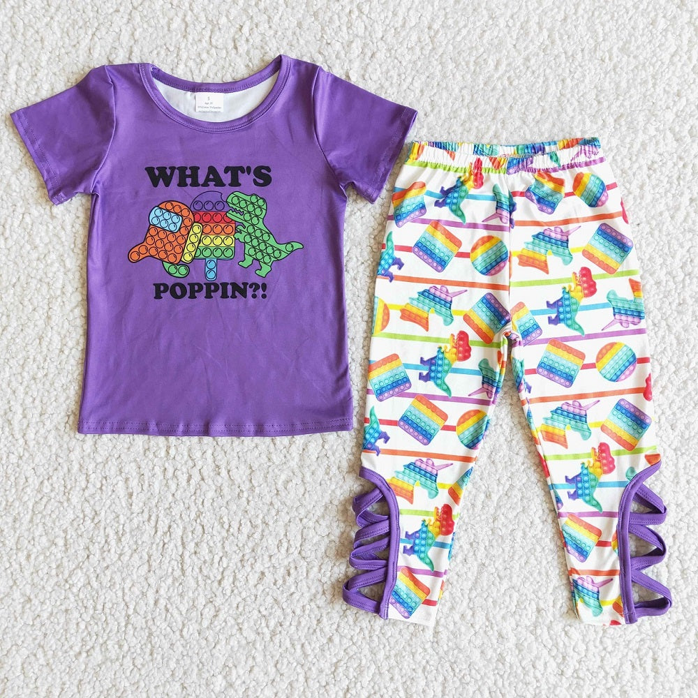 Promotion E6-19 Baby Girl Short Sleeves Purple Shirt Dinosaurs Pants Set