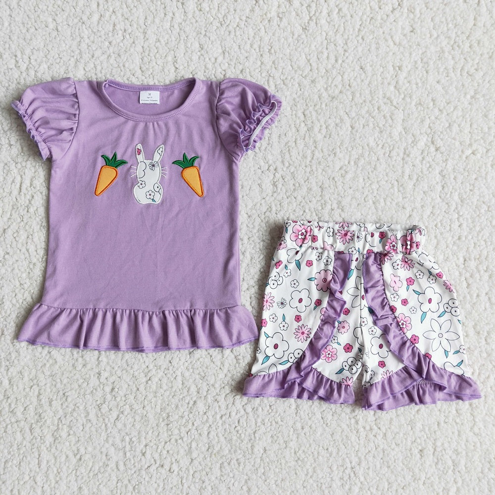 Promotion E6-20 Baby Girl Embroidery Rabbit Shirt Floral Shorts Set