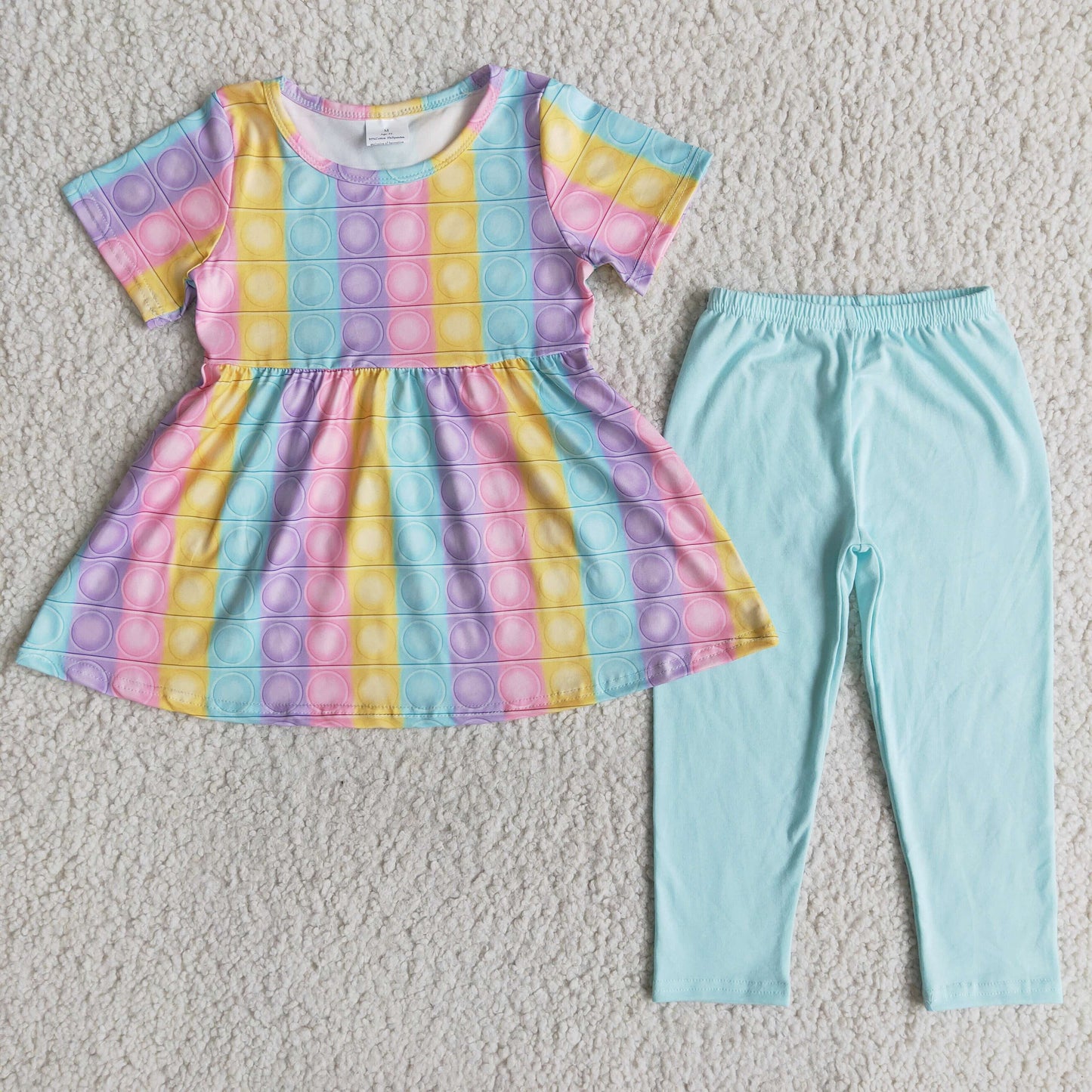 Promotion Baby Girl Short Sleeves Colorful tops Blue Leggings Pants Set