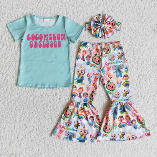 Promotion Baby Girl Short Sleeves Cartoon Bell Pants Outfit