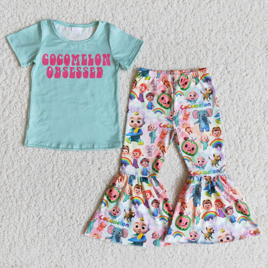 Promotion Baby Girl Short Sleeves Cartoon Bell Pants Outfit