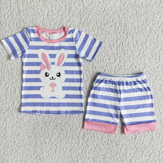 Promotion E7-17 Easter Baby Girl Stripe Rabbit Purple Shorts Set Pajamas