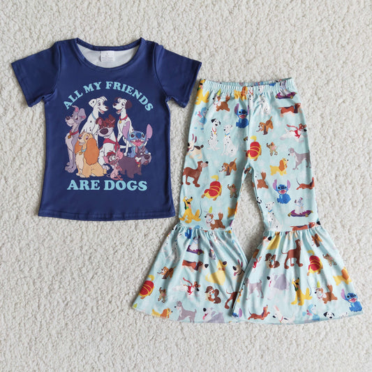 Promotion E7-18 Baby Girl Short Sleeves Dogs Shirt Bell Pants Set