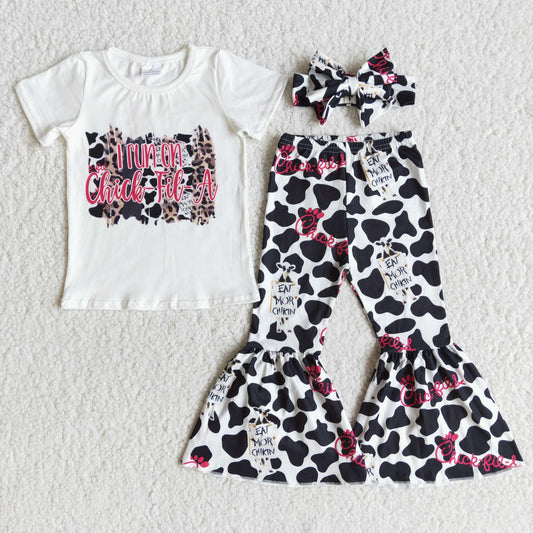 Promotion E7-2 Baby Girl Short Sleeves Shirt Cow Print Bell Pants Set