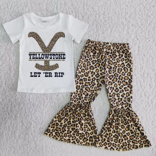 Promotion E7-26 Baby Girl Short Sleeves Shirt Leopard Bell Pants Set