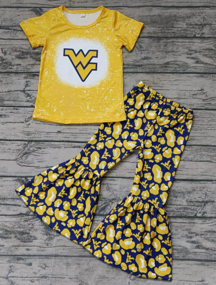 Baby Girl Toddler Yellow Short Sleeves Wv Team Shirt Bell Pants Outfit Moq 5