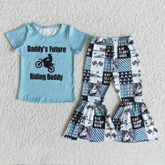 Promotion E8-18 Baby Girl Daddy's Riding Shirt Bell Pants Outfit