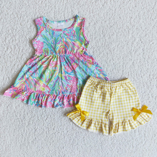 Promotion Baby Girl Sleeveless Colorful Tops Yellow Plaid Shorts Set