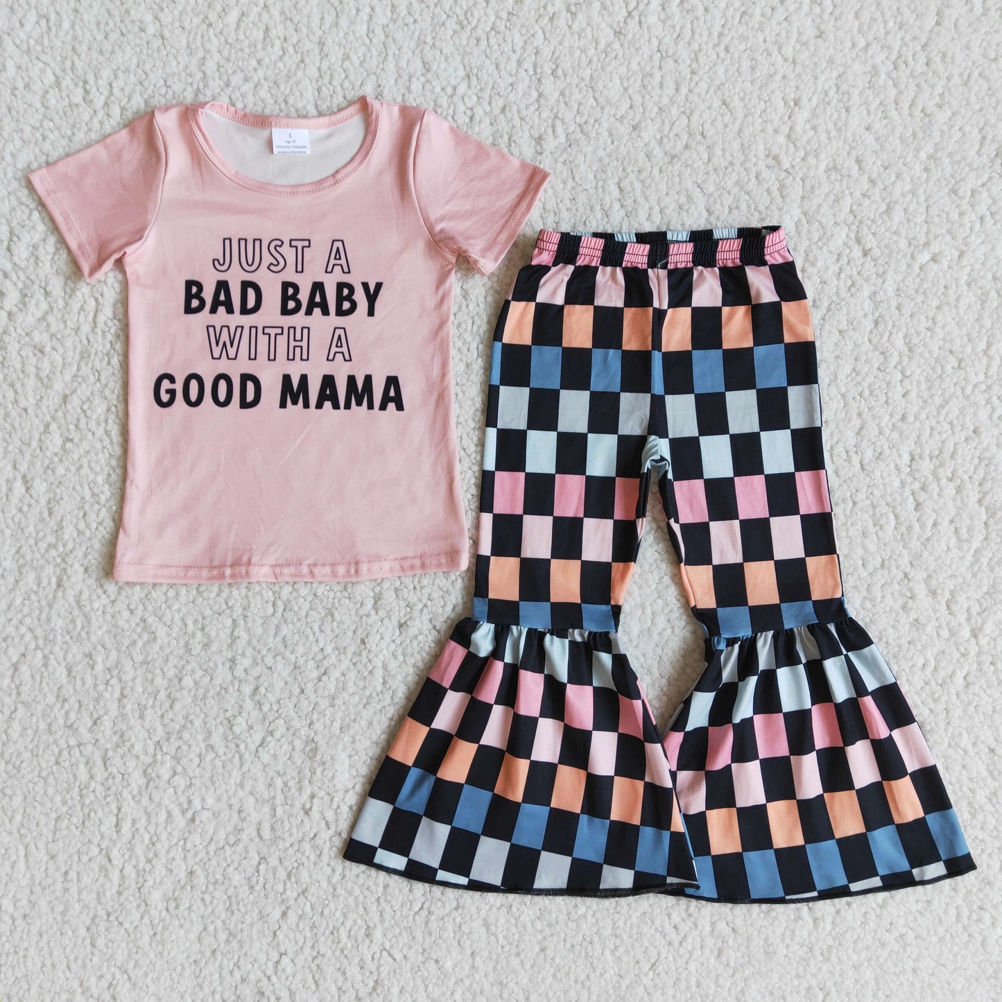 Promotion E8-28 Baby Girl Mama Shirt Checkered Bell Pants Outfit