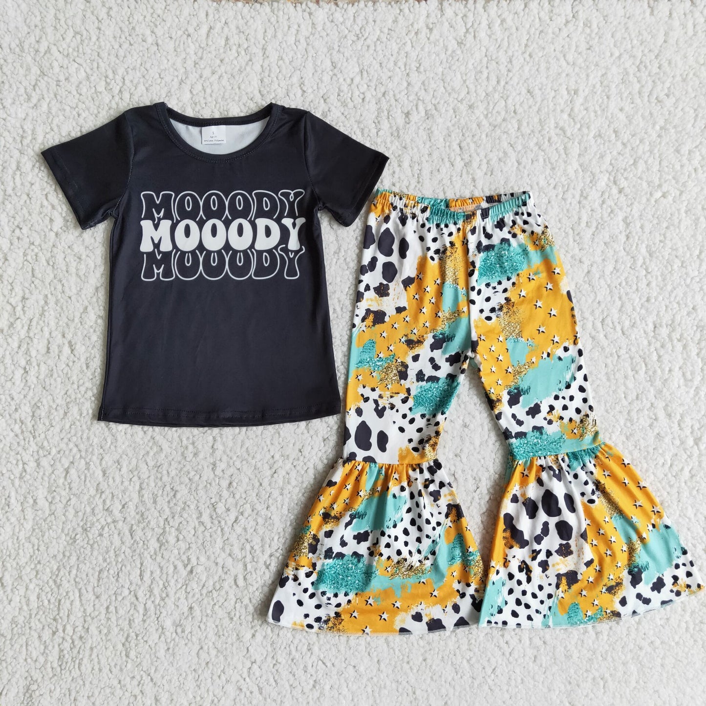 Promotion Baby Girl Short Sleeves Moody Shirt Cow Print Bell Pants Western Set