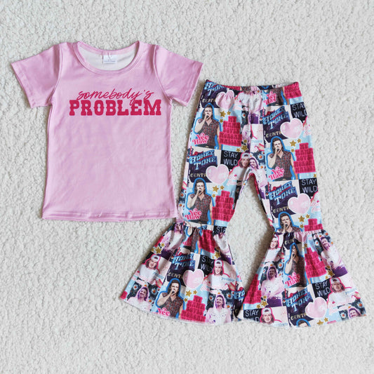 Promotion E8-4 Baby Girl Pink Short Sleeves Shirt Singer Bell Pants Music Set