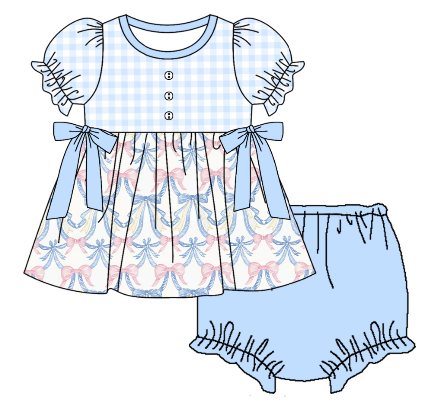 Baby Girl Short Sleeves Bows Plaid Blue Sibling Romper Dress Clothes Set ( Moq 5 Each Design )