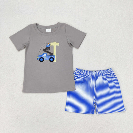 Baby Boy Embroidery Line Man Shirt Blue Stripes Shorts Set