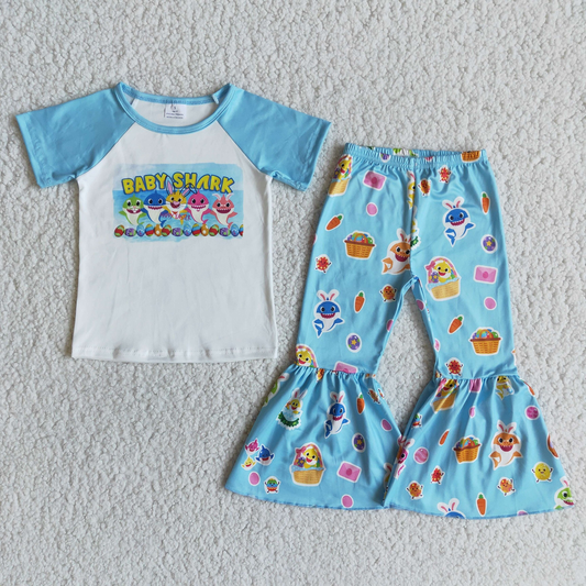 Promotion E9-12 Baby Girl Short Sleeves Easter Cartoon Shirt Bell Pants Set