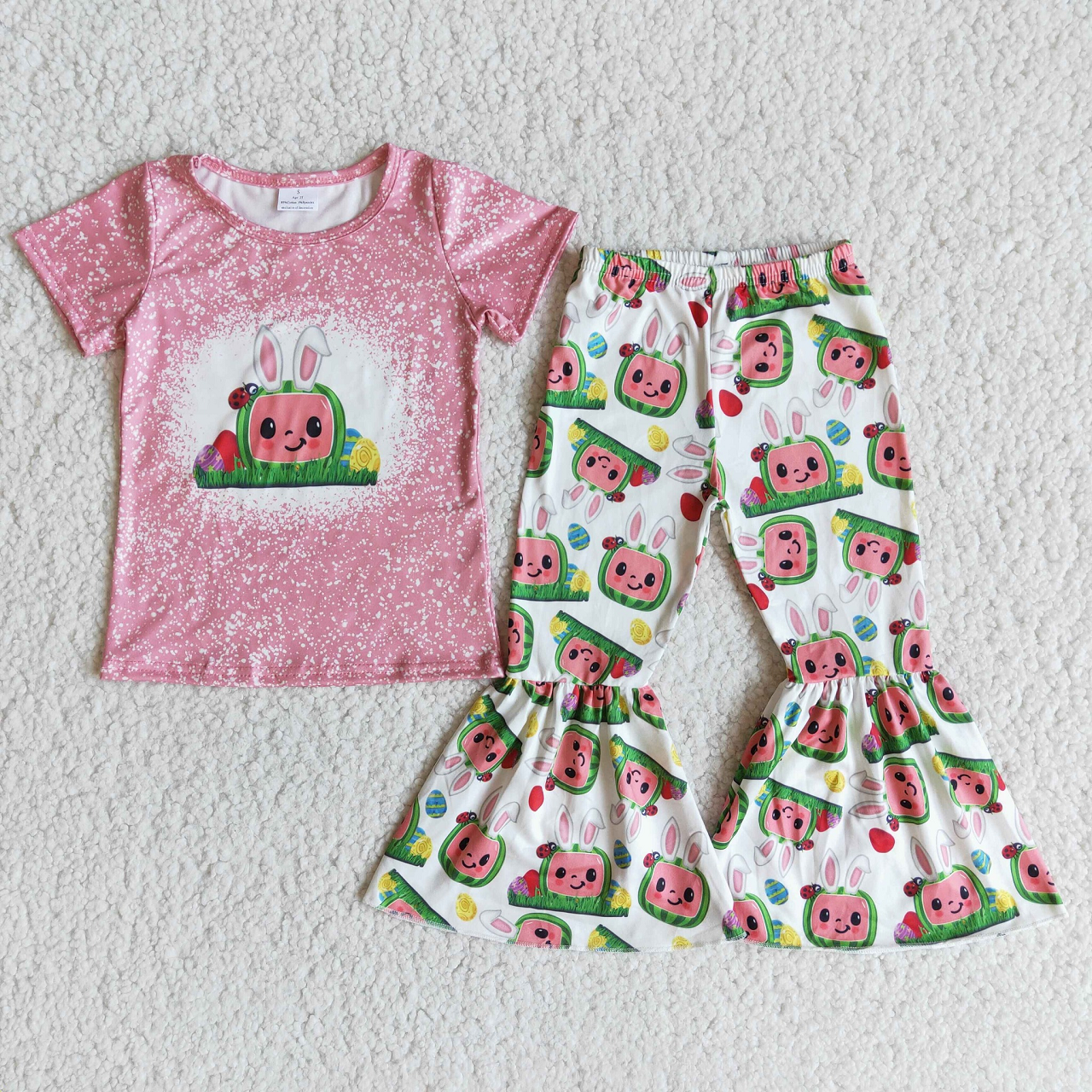 Promotion E9-13 Baby Girl Short Sleeves Easter Cartoon Shirt Bell Pants Set