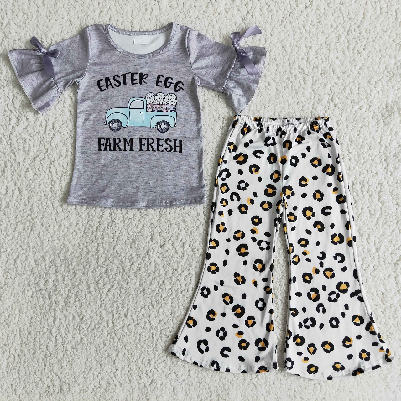 Promotion E9-17 Easter Egg Farm Shirt Leopard Pants Baby Girl Set