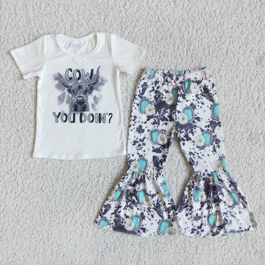 Promotion Baby Girl Short Sleeves Cow Shirt Floral Bell Pants Western Set