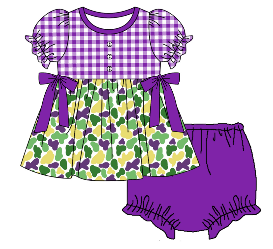 Baby Girl Short Sleeves Mardi Gras Camo Sibling Romper Dress Clothes Set ( Moq 5 Each Design )