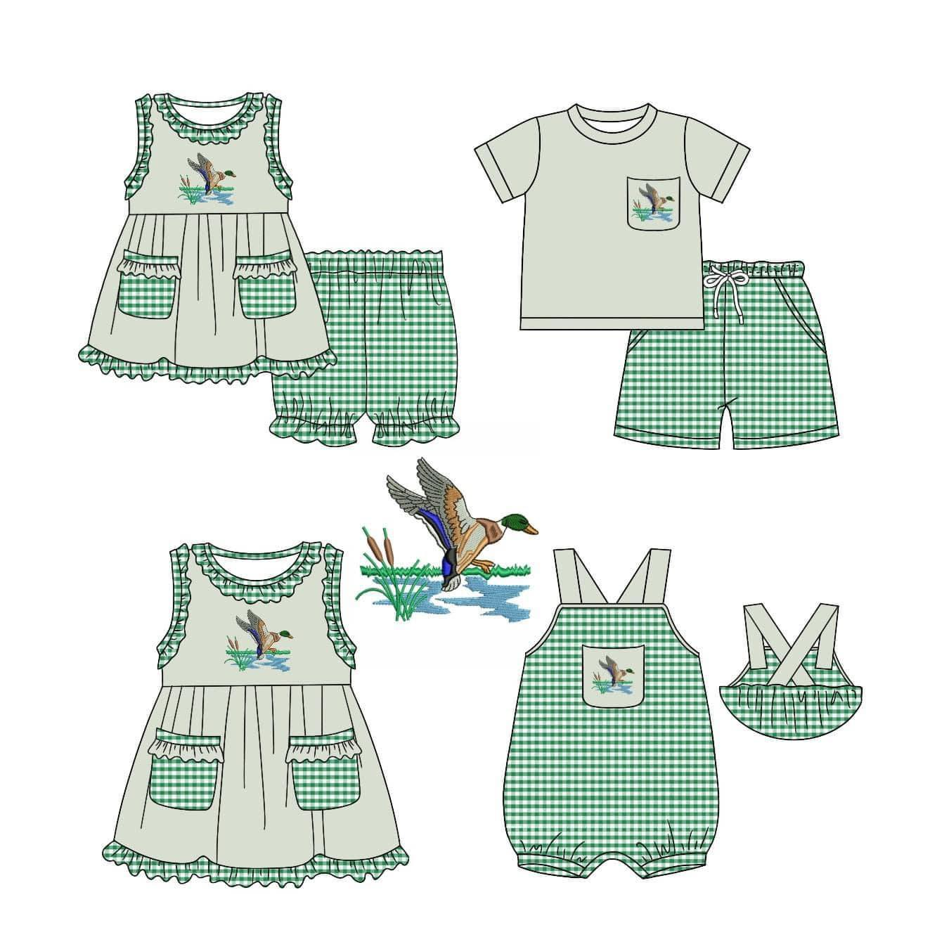 Moq 3 Pre-order BSSO0734 Baby Boy Short Sleeves Duck Shirt Green Plaid Pocket Shorts Summer Set