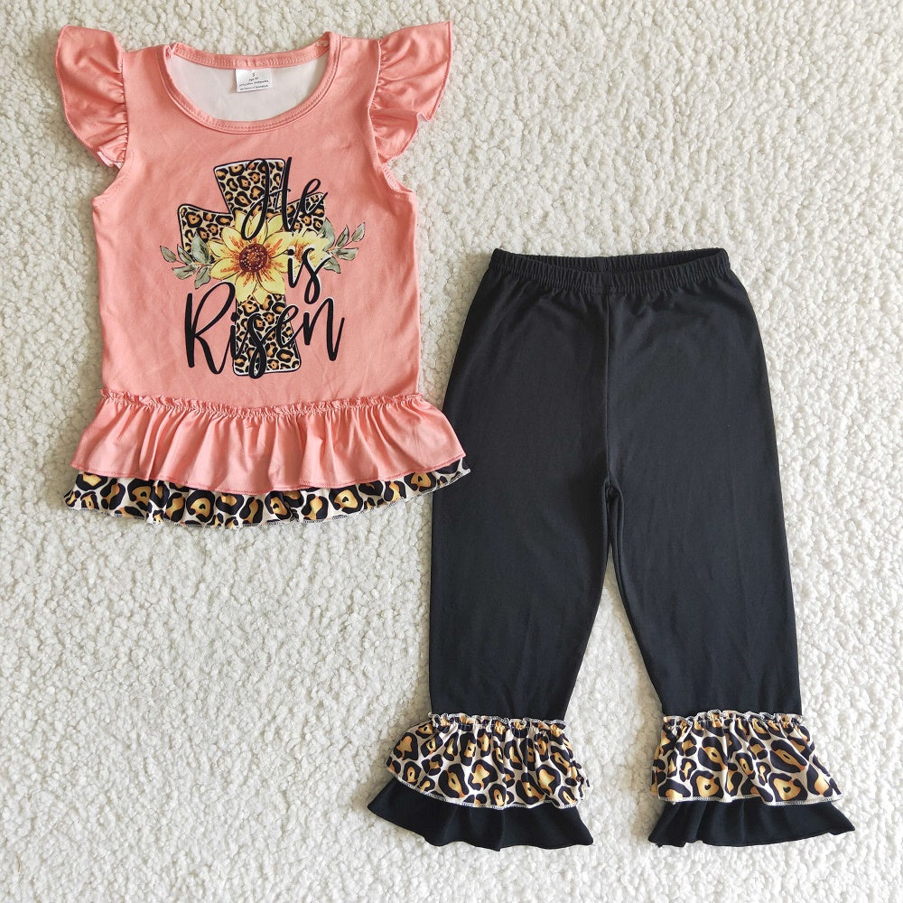 Promotion EC0003 Easter Baby Girl He is Risen Cross Leopard Ruffle Pants Set