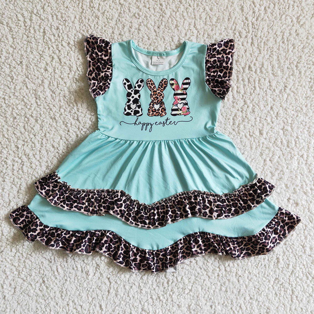 Baby Girl Short Sleeves Easter Leopard Rabbits Sibling Romper Dress