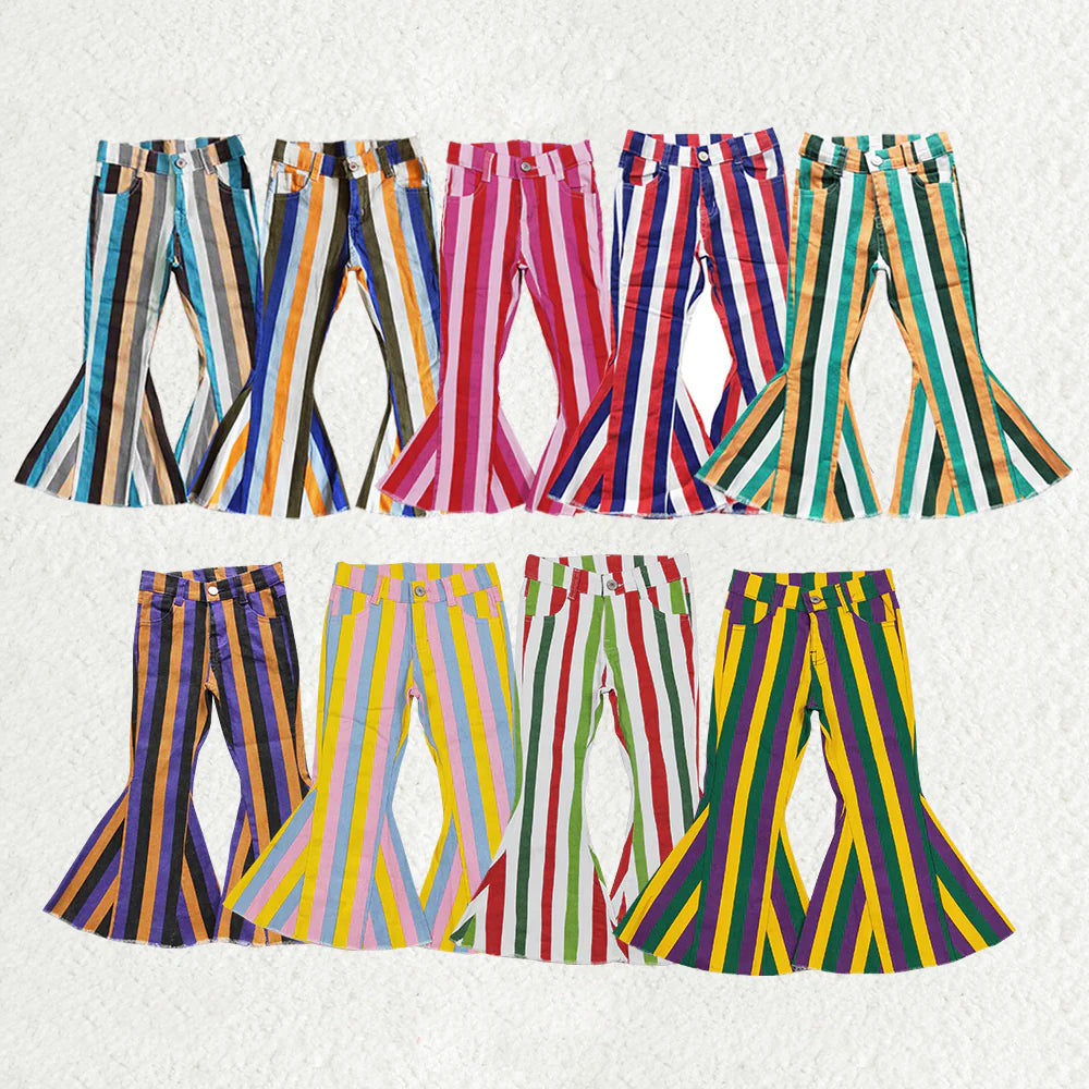 Baby Girl Toddler Stripes Bell Bottom Pants Sibling Denim Jeans RTS