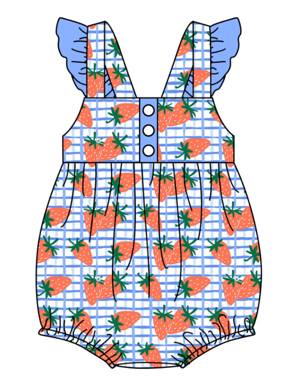 Baby Girl Strawberry Plaid Sibling Romper Dress Summer Clothes Set ( Moq 5 Each Design )