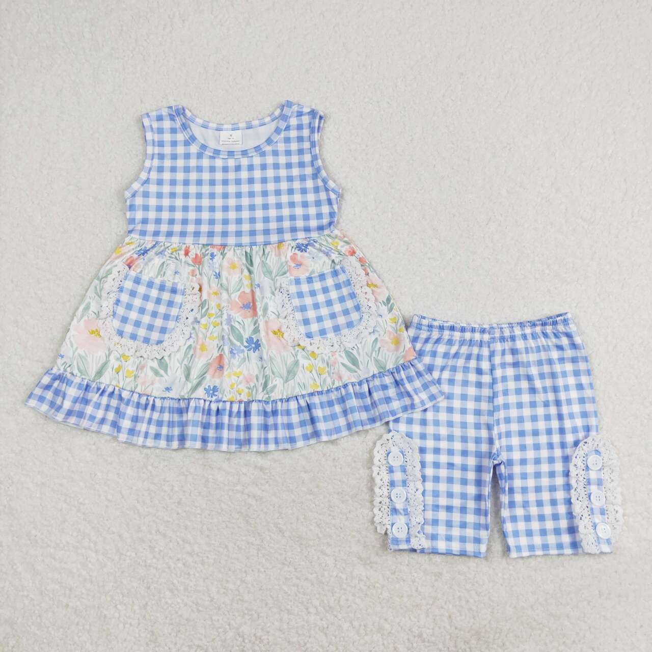 Baby Girl Sleeveless Floral Pocket Tops Blue Plaid Shorts Set