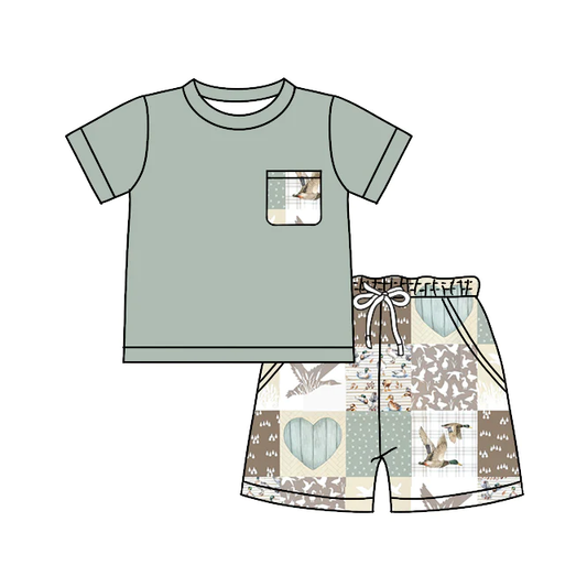 Moq 3 Pre-order BBSSO0755 Baby Boy Short Sleeves Pocket Shirts Ducks Shorts Summer Set