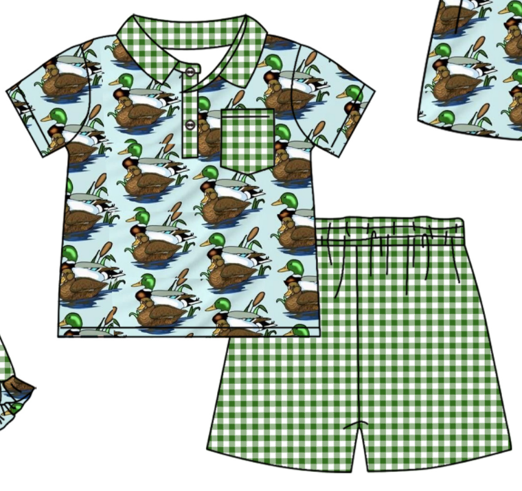 Baby Boy Girl Duck Plaid Bows Sibling Matching Green Dress Romper Clothes Set ( Moq 5 Each style )