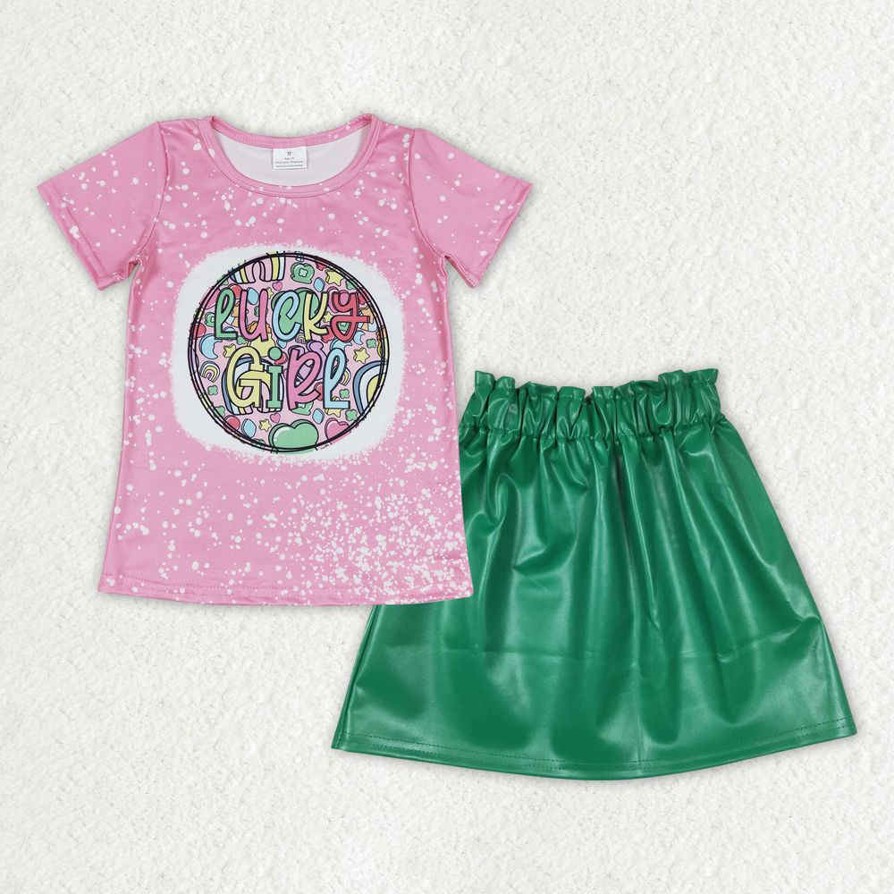 GSD0854 St. Patrick's Day Baby Girl Short Sleeves Shirt Green Leather Skirt Set