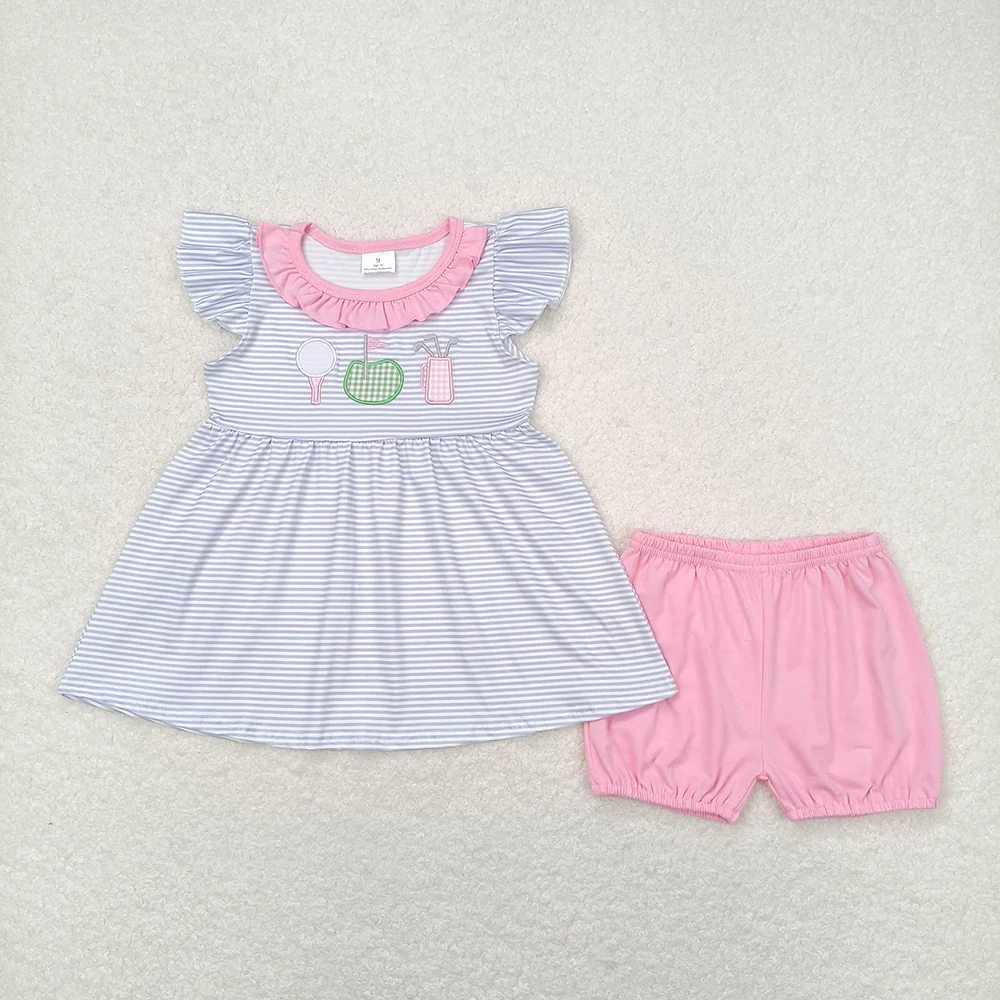 Baby Girl Short Sleeves Embroidery Golf Stripes Tops Pink Shorts Summer Set