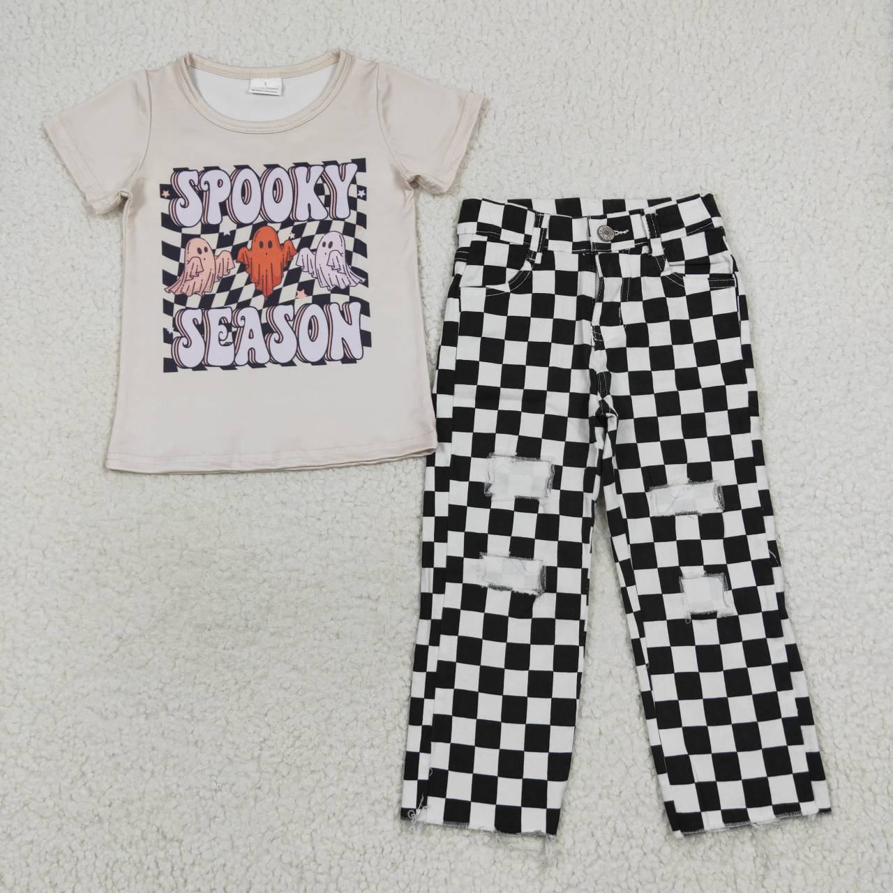 Baby Kids Halloween Spooky Ghost Shirt Checkered Denim Pants Jeans Outfit