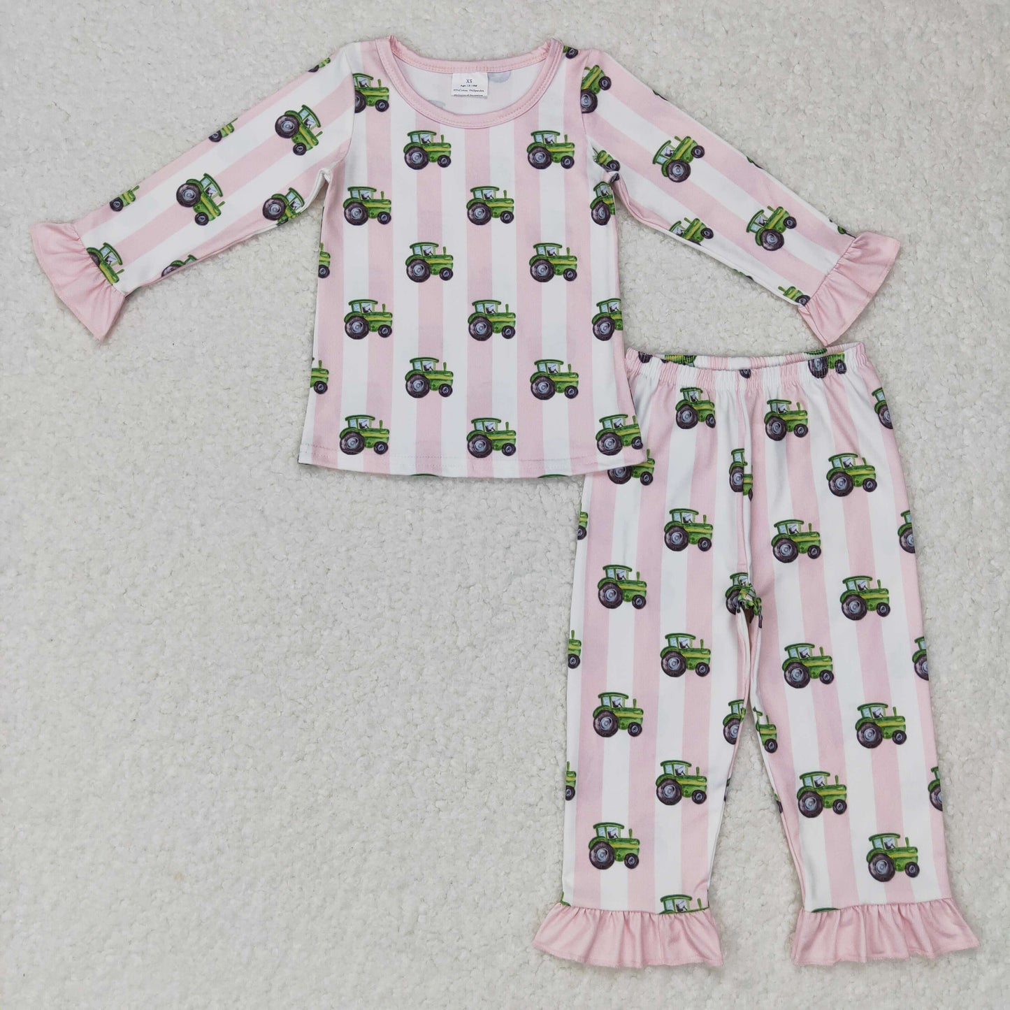 GLP0776 Baby Girl Long Sleeves Pants Outfit Tractor Pink Stripes Pajamas