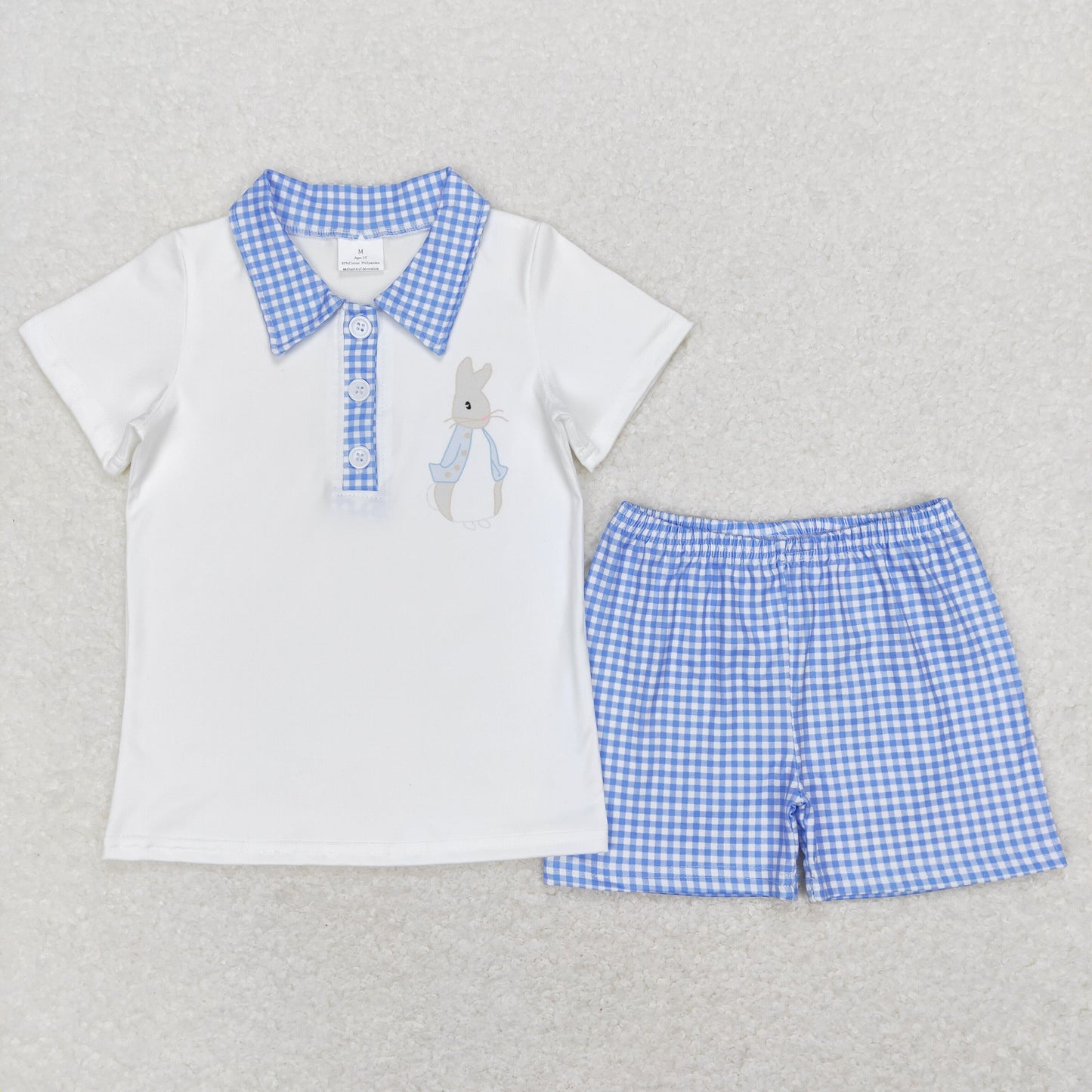 BSSO0415 Baby Boy Short Sleeves Rabbit Shirt Blue Plaid Shorts Set