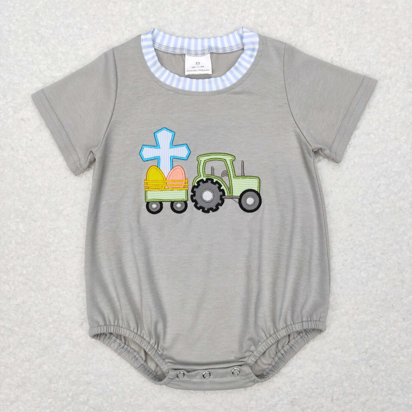 SR0490 Baby Boy Embroidery Easter Eggs Tractor One Piece Romper