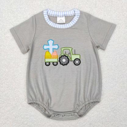 SR0490 Baby Boy Embroidery Easter Eggs Tractor One Piece Romper